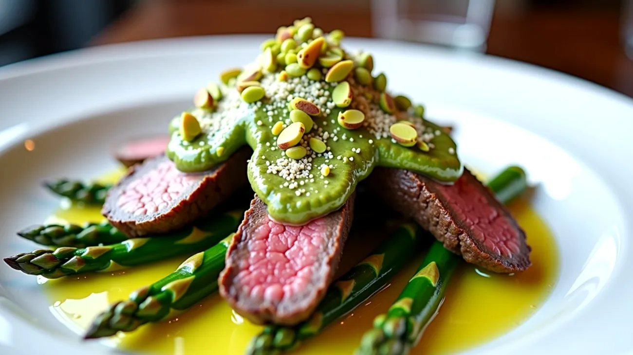 Straccetti di manzo pesto di pistacchio asparagi freschi"