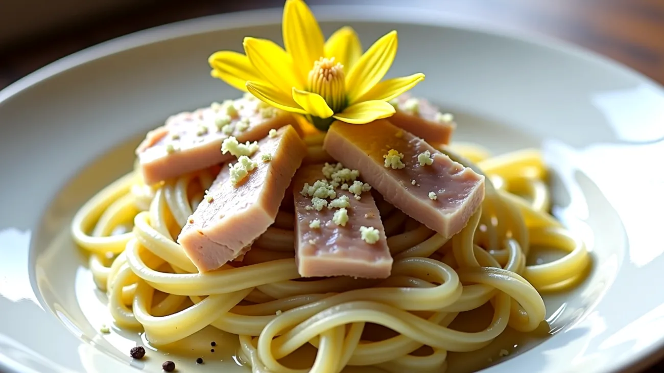 Tagliatelle tonno pecorino fiori di zucchina"