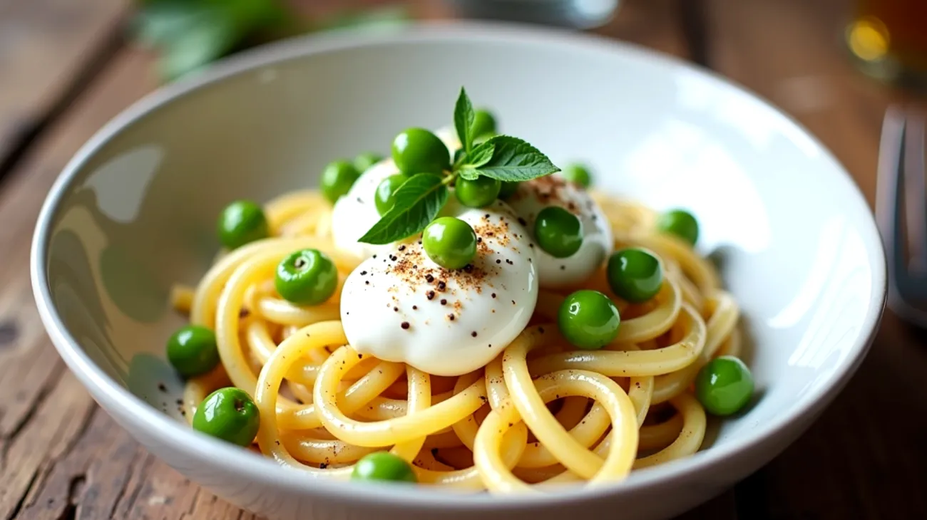 Torciglioni burrata fave croccanti"