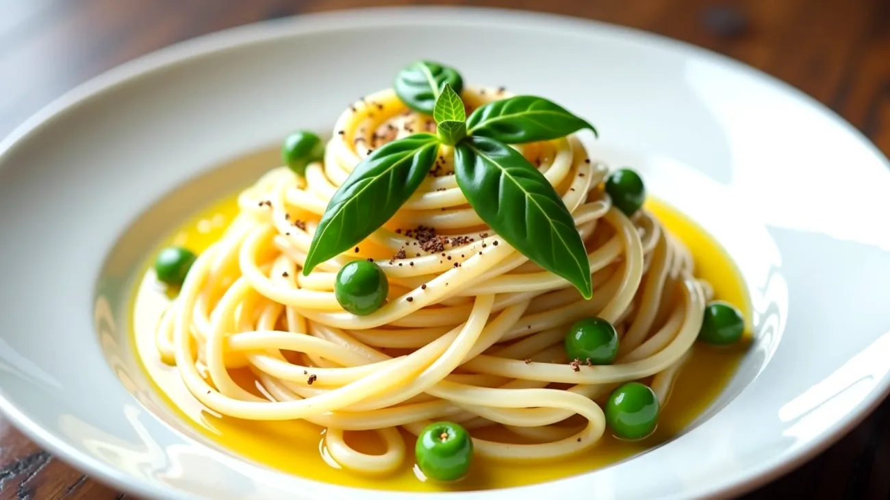 spaghetti alici piselli freschi"